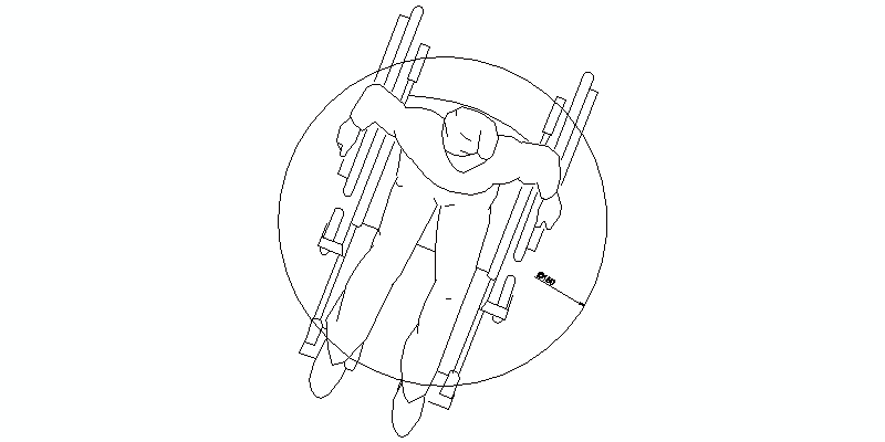 Fauteuil roulant à rayon de braquage de 150 cm, vue en plan
